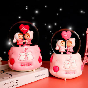 Valentines Day Heart to Heart Crystal Ball Music Box Practical Girls Friend Birthday Gift Resin Material Static Display