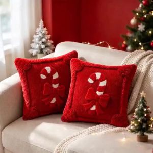 Christmas Decoration Pillow Cover Xmas Candy Ribbon Decoration Pillowcase Soft Cushion Cover for Christmas Sofa Bed Home Decor