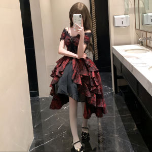 Gothic Lolita Halloween Costume Black And Red Wave Pattern Puffy Princess Dress One Shoulder Taffeta Skirt for Women