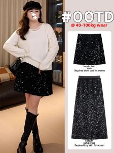 Black Velvet Sequin Skirt High Waist Womens Autumn Winter plus Size A-Line Short Skirt Bodycon Skirts Fashionable Polyester