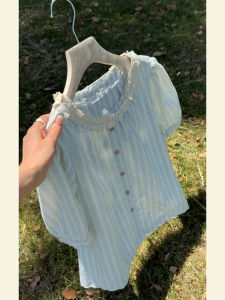 NUMEN BUTTON | Blue Lace and Stripes Blended Short-sleeved Womens Summer Casual Shirt