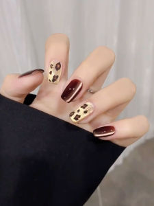 Autumn Winter Caramel Leopard Print Nail Art White Enhancing Handmade Wearable Detachable False Nails for Any Skin Type