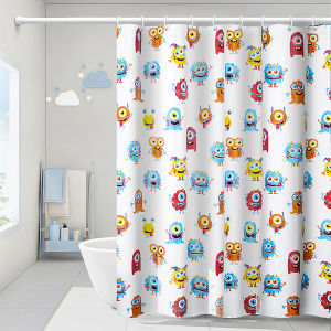 Cartoon Style Waterproof Bath Curtain Transparent Printed Dry Wet Separation No Drilling Required Comes with Hooks PEVA Material