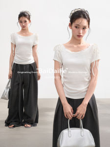 BAIDAIFEI | Fake Two Piece Lace Tie Design Short Sleeve T-shirt