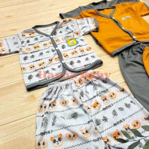 Paket 6pcs Setelan Baju Bayi Baru Lahir Lengan Panjang Kekinian Lucu Motif Animal kombinasi Abu dan Mustard- Juragan Lebak