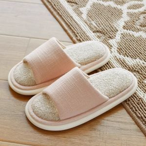 Silent Indoor Linen Slippers Cotton Linen Mens Home Use Anti-Slip Soft Bottom Floor Slippers for Couples Simple Style