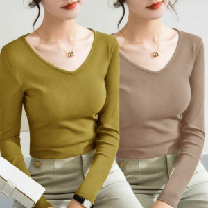 Lieoyuarn | V-Neck Long Sleeve Fitted T-Shirt