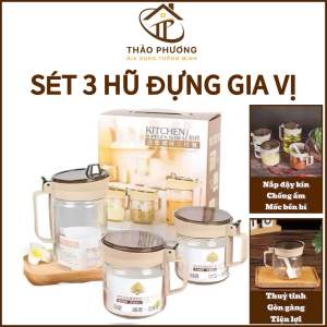 Hũ Đựng Gia Vị Thủy Tinh Set 3 Lọ Gia Vị 350ml Và 620ml Kèm Muỗng Nút Bật Tiện Lợi