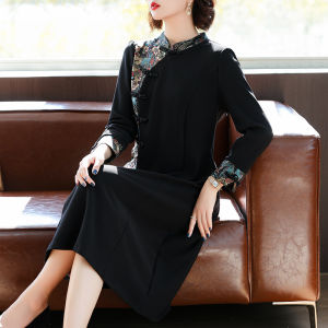 New Chinese Style Long Sleeve Qipao Dress for Middle-Aged Women Spring Autumn Fashionable Midi Dress Loose Fit Polyester