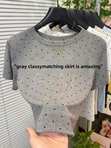 Summer 2026 Womens Slim Fit round Neck Polka Dot T-Shirt Fashionable Versatile Grey Top Korean Style Commute Pure Color Short Sleeve
