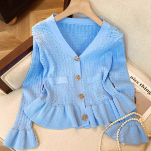 YuooMuoo Women Cardigans 2025 Autumn Luxury Buttons V-neck Slim Waist Ruffled Knitted Tops Chic Fashion Lady Sweaters Shirts