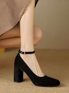 รองเท้าส้นสูงหนังแท้สไตล์ฝรั่งเศสสำหรับผู้หญิง รองเท้าส้นหนาแบบสายเดี่ยว ฤดูใบไม้ผลิและฤดูใบไม้ร่วง รองเท้าสำหรับทำงานใหม่ รองเท้าส้นแบนแบบสวมสบาย