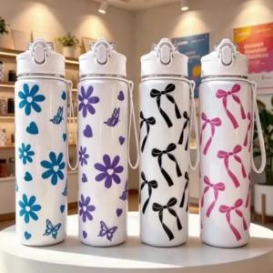 750ml Water Bottle Travel Sports Fitness Water Bottle with Carry Strap Straw Water Bottle Leak-Proof Large Capacity Water Bottle