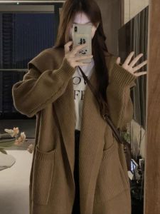 Mid Length Loose Fit Knit Sweater Cardigan for Women Thickened for Autumn Winter with Pocket Single-Breasted Long Sleeves