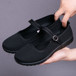 New 2024 Womens Black Cloth Shoes Comfortable Slip-On Anti-Slip Work Shoes Soft Bottom Beijing Style Fashionable Casual Loafers