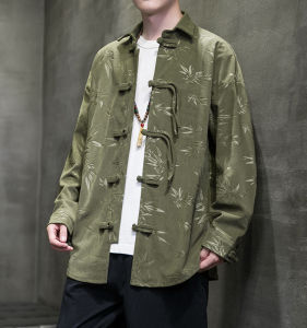 Corduroy Shirt Mens Long Sleeves Spring and Autumn Chinese Style Chinese Traditional Costume Tea Clothing Loose Plus Size Chinese Style Chinese Style Tang Suit