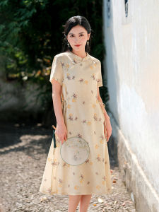 New Chinese Style Cotton Linen Printed Dress Womens Improved Cheongsam Skirt Short Sleeve mid Length Summer Vintage Elegant