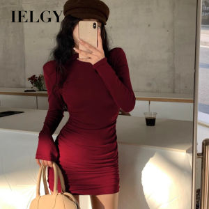 IELGY ชุดเดรสสั้นแบบพันสะโพกคอเต่าครึ่งท่อนของผู้หญิง