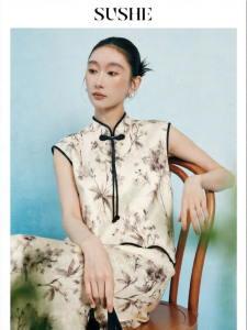SUSHE | New Chinese Style Ink Branch Embroidery Mandarin Collar Sleeveless Top Skirt Set