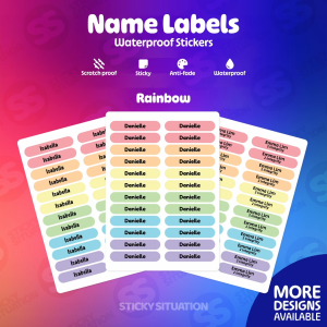 Rainbow Mini Custom Name Stickers – Waterproof Personalized Labels for Kids & School Supplies
