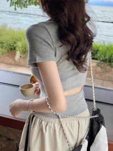 Gray Backless Short Sleeve T-Shirt Womens Slim Fit Summer Design Sensual Short Style Korean Version round Neck Top