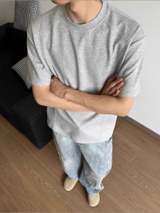 Summer New Pure Color Cleanfit Short Sleeve T-Shirt Men Simple Loose Design Cotton round Neck Shoulder Appropriate Top