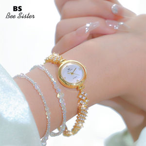 BS Bee Sister Fashion Womens Watches Casual Stainless Steel Alloy Strap Waterproof Quartz Watches Elegant Full Diamond Rhinestone Luxury Gold Silver Round Shape Ladies Wristwatches 1435