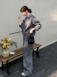 Grey Korean Chic Casual Set Womens Autumn Fashion Striped Polo Neck Sweatshirt Wide Leg Pants Two Piece Set Comfortable Fit
