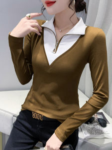 ดีไซน์ Sensation Color Block แขนยาว ซิป สูง ปกเสื้อ สลิมฟิต เสื้อเบส ฤดูใบไม้ผลิ ฤดูใบไม้ร่วง ผู้หญิง เสื้อตัวในแฟชั่น เสื้อท่อนบน