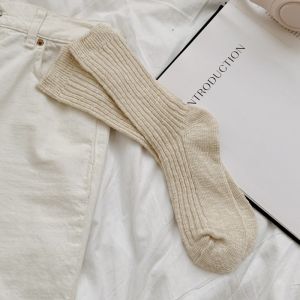 Korean Style Autumn Winter Beige Knitted Thick Yarn Mid-Calf Socks Retro Letter Embroidery Mens Womens Trendy Cuffed Socks