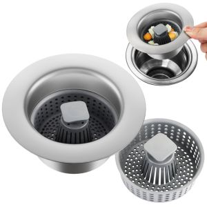 KEBIDU 3 in 1 Kitchen Sink Drain Strainer Stopper Kits 304 Stainless Steel Kitchen Sink Stopper Anti-Clogging Sink Strainer