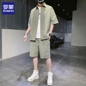 Romon Mens Summer Casual Short Sleeve Shirt And Sporty Five-Quarter Pants Set Polyester Fiber 100% Youth Fashion 2024 New Arrival