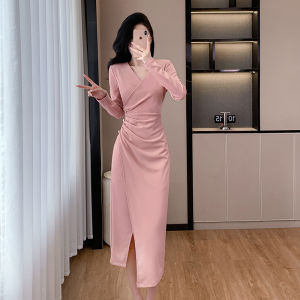 Elegant French Style Long Sleeve V-Neck Gown with Side Slit And Waist Cinching for Women mid Waist Polyester Spring Dress