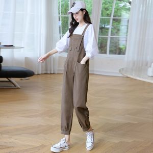 กางเกงขายาวทรงตรงหลวมๆ สไตล์เกาหลีสำหรับผู้หญิง กางเกงขายาวลำลองฤดูใบไม้ผลิและฤดูใบไม้ร่วง กางเกงขายาวทรงตรงสำหรับผู้หญิง