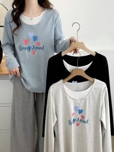 Áo Thun Cotton Dài Tay Rộng Rãi Cổ Tròn in Hình Trái Tim Mùa Thu Mới Dành Cho Nữ Áo Lót Giả Hai Mảnh Áo Thun Thoải Mái