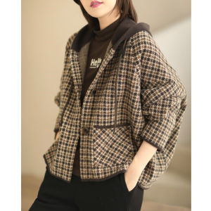 Vintage Leisure Loose Hooded Check Pattern Womens Jacket