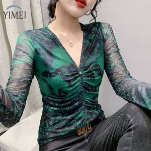 YIMEI Áo In Hình Cổ Chữ V Mùa Thu 2023 Áo Thun Dài Tay Cảm Giác Thiết Kế Thời Trang Cho Nữ Áo Sơ Mi Đế Ôm Xếp Ly Cho Nữ
