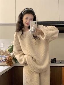 Coralline Fleece Sleepwear Set Womens Thickened Casual Home Clothes Long Sleeve round Neck Home Leisure plus Size Plaid Pattern