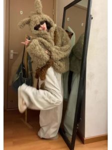 Retro American Cute Rabbit Ear Hooded Eco-Friendly Fur Jacket Womens Loose Versatile Small Size Top for Autumn And Winter