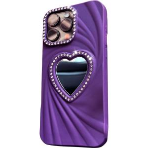 DAIMANG | Protective Case for iPhone 16promax & iPhone 15Promax with High-end Faux Leather Heart-shaped Mirror Silicone Soft Shell Water-resistant Rhinestone