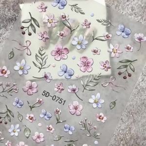 1Pcs 5D Embossed Watercolor Wildflower Nail Stickers Pink Purple Flowers Self-adhesive Nails Decals Sweet Style Manicure Slider