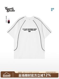 American Retro Splicing Design Sporty Short Sleeve Womens T-shirt Couples Top Casual Loose Fit Cotton round Neck Tee