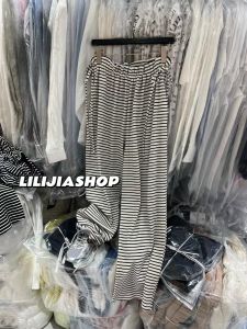 กางเกงขายาวทรงหลวมเอวสูงลายทางสไตล์ย้อนยุคสำหรับผู้หญิง กางเกงขายาวทรงหลวมสไตล์เกาหลี กางเกงขายาวทรงหลวมสำหรับผู้หญิง