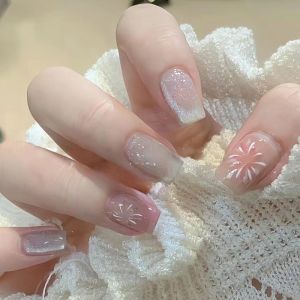 Shiny New Year Holiday Nail Tips Short T-shaped Wearable Nail Art Crystal Firework Design Sparkling Nail Stickers for Any Skin Type