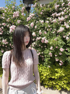 เสื้อยืดแขนสั้นถักสีชมพูสไตล์ฝรั่งเศสสำหรับผู้หญิงในช่วงฤดูร้อน เสื้อตัวเล็กทรงสลิมฟิตน่ารักและนุ่มสบาย