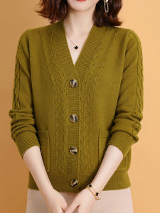 เสื้อคาร์ดิแกนถักคอวีแขนยาวผู้หญิงฤดูใบไม้ร่วง/ฤดูหนาว ทรงหลวม ขนาดใหญ่ ใหม่ แจ็คเก็ตเสื้อสเวตเตอร์ ผ้าขนสัตว์ สีสันสดใส ทรงพอดีตัว