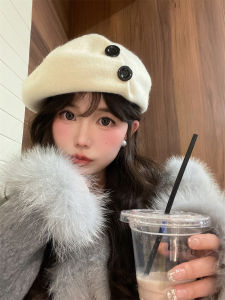 Korean Style Buttoned Woolen Beret Hat Elegant Autumn Winter Face Slimming Artist Hat Trendy All Match Small round Top No Brim
