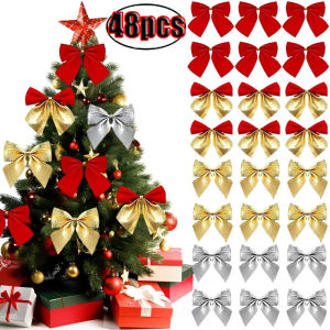 12pcs/24pcs/48pcs Mini Christmas Bow Ornaments / Glitter Ribbons Bows Xmas Tree Decors / DIY Gift Wrapping Crafts / DIY Christmas Tree Hanging Ornament / Glitter Bowknot Xmas Ornament