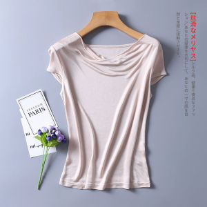 ใหม่ High-End Mulberry Silk Pure Color Vest Top Slim Fit เสื้อยืดแขนสั้นและคอปกโดย Silk Time สําหรับผู้หญิง
