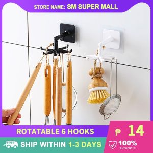【Creative】6 Hooks 360° Rotatable Kitchen Utensil Hanger Self Adhesive Wall-mounted Top/Side-hanging Home Bathroom Closet Cabinet Organizer Holder